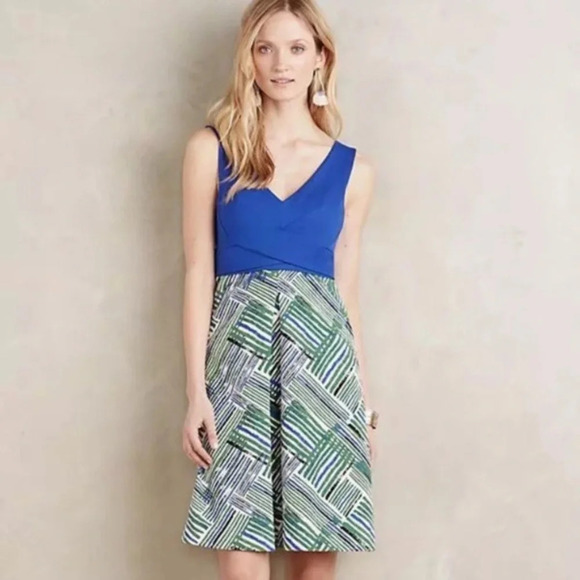 Anthropologie HD in Paris Ardmore Dress Sleeveless Surplice Blue Green Size US 8 - Picture 1 of 8